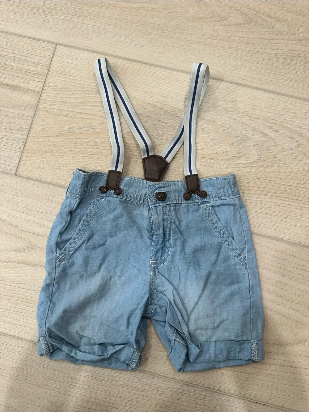 OshKosh B'gosh Light Blue Denim Shorts with Navy-Trim Suspenders